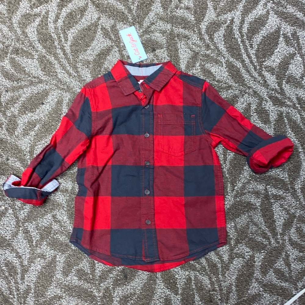Cat & Jack Long Sleeve Button Down Shirt Red and Gray Size XS 4/5 NWT